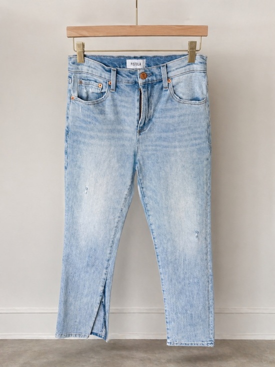 pistola Denim - Pistola Light Wash Straight Crop Jeans Size 26 Raw Hem Distressed Ankle
